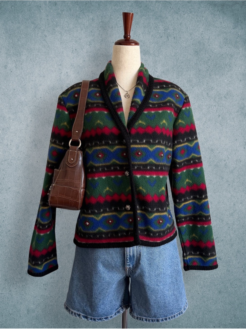 multicolored aztec print fleece jacket - size s